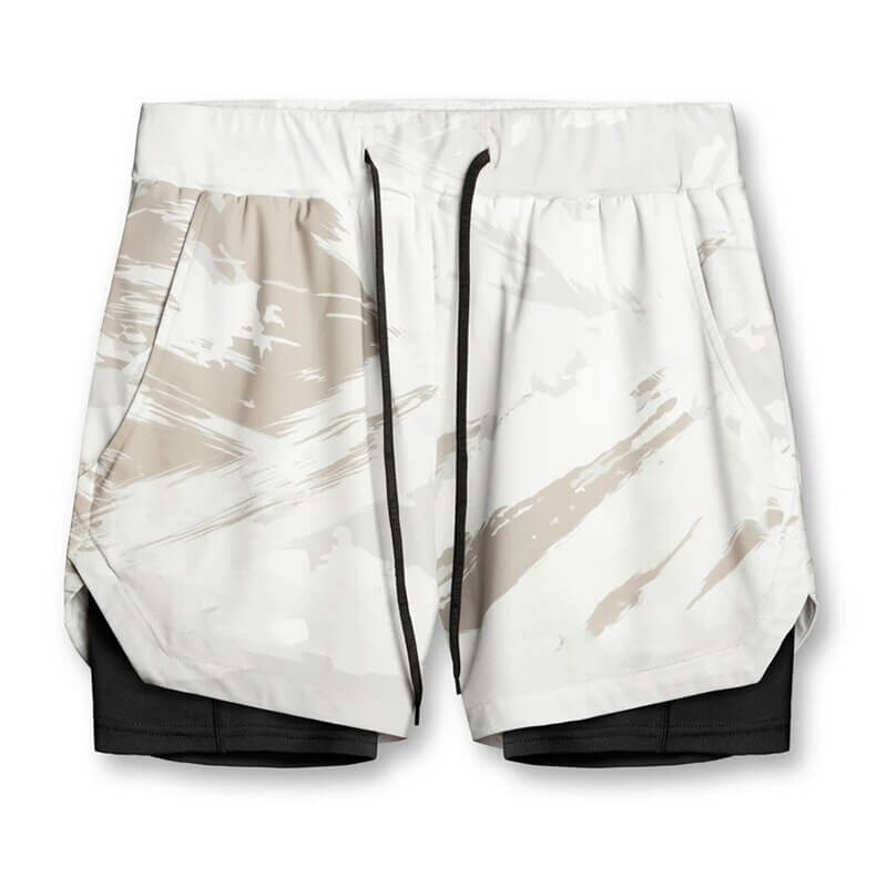 Men's double-layer sports running shorts with pockets, SF1105, featuring a stylish design, breathable polyester, and drawstring closure.
